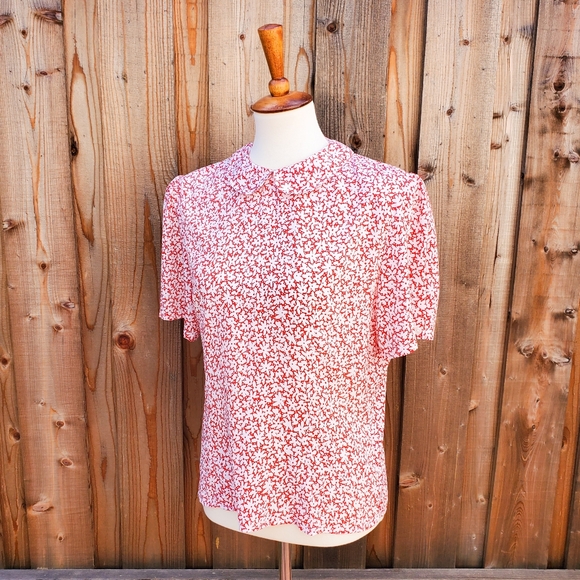 Vintage Tops - Vintage Peter Pan Collar Floral Red White Print Short Sleeve Blouse Top Size 12